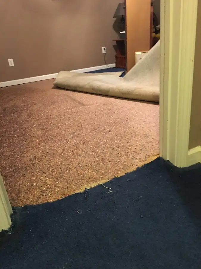Carpet pad removal revealing water damage during Water Mitigation Services in Angleton